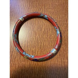 Vintage Enamel Cloisonne Red Flower Blossom  Child Baby Bangle Hinged Bracelet